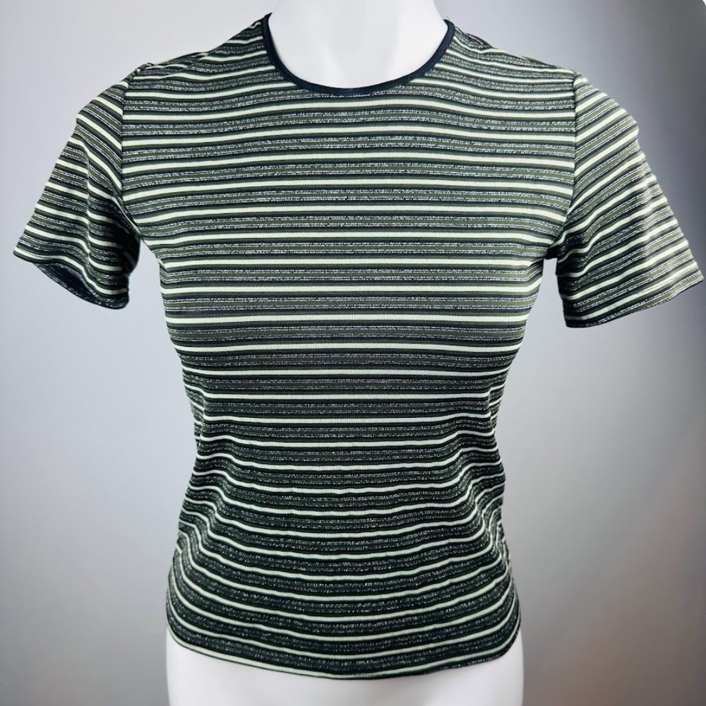 Kathie Lee Collection Green and Silver Metallic Striped Tshirt Size Small